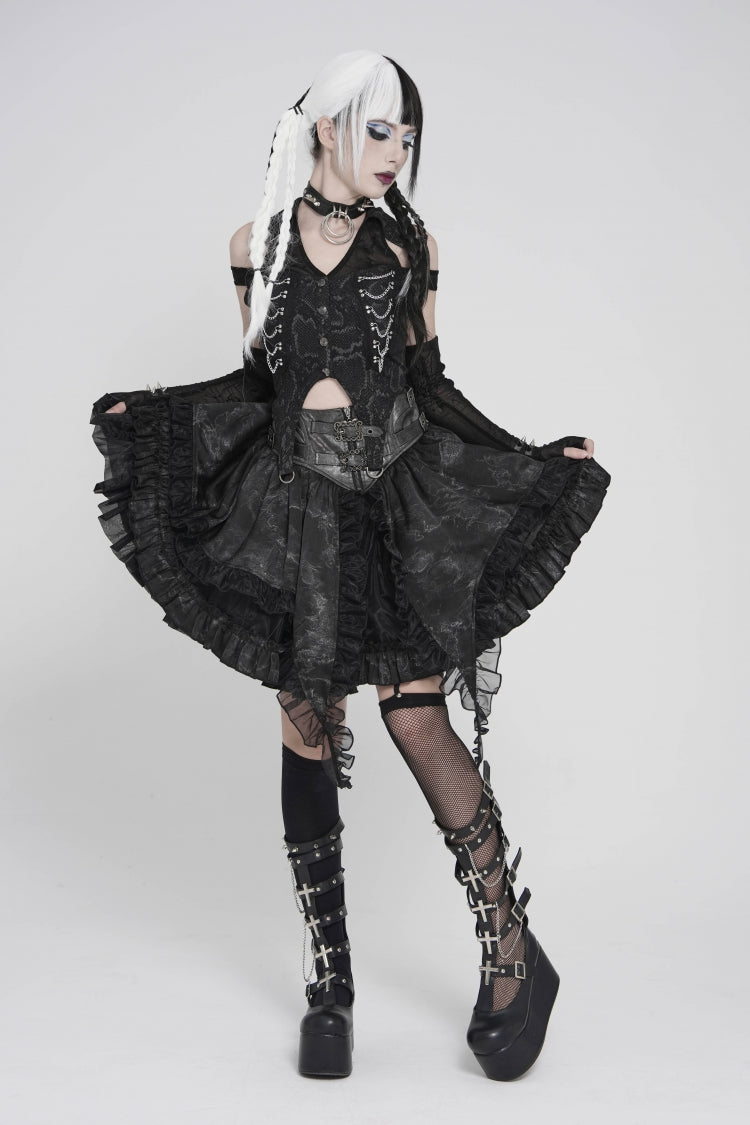 Black Off Shoulder Lace-Up Irregular Chain-Decorated Women's Punk Vest - Product - 4