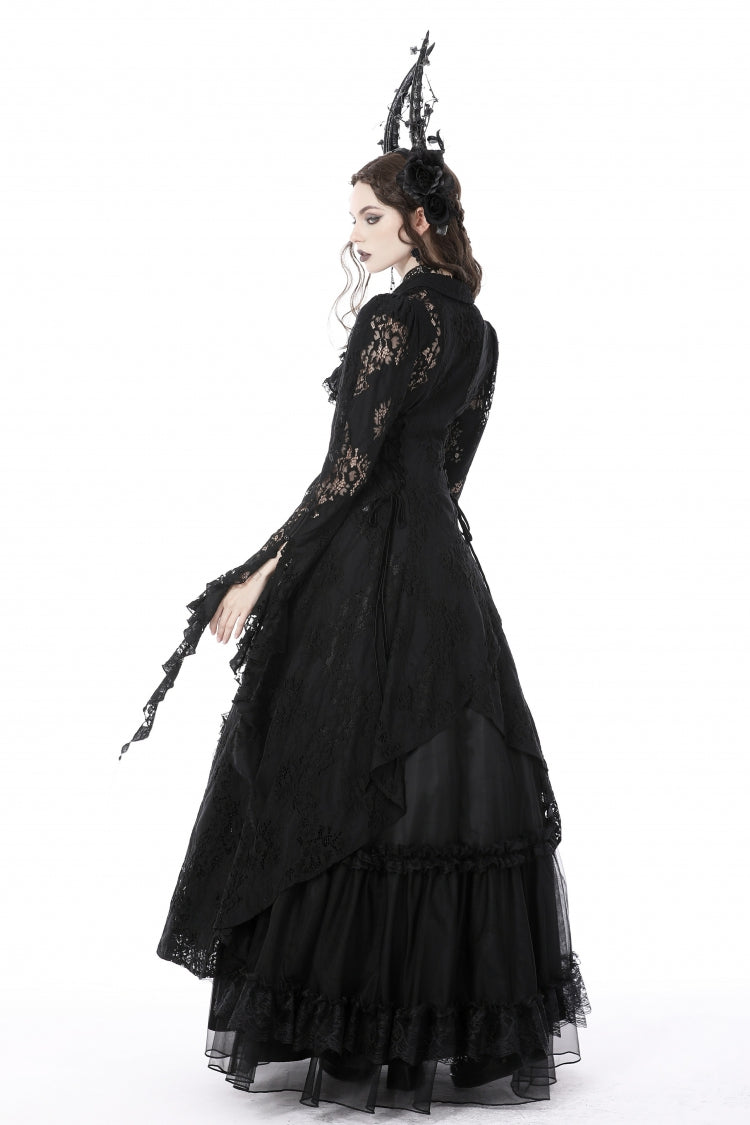 Black Lapel Collar Long Sleeves Ruffled Irregular Lace Lace-Up Women's Gothic Jacket Dress - Product - 11