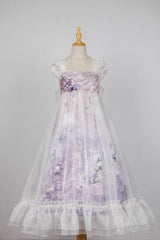 White/Purple Square Collar High Waisted Printed Ruffled Lace Pearl-Decorated Sweet Chinese Style Lolita Jsk Dress - White/Purple - 1