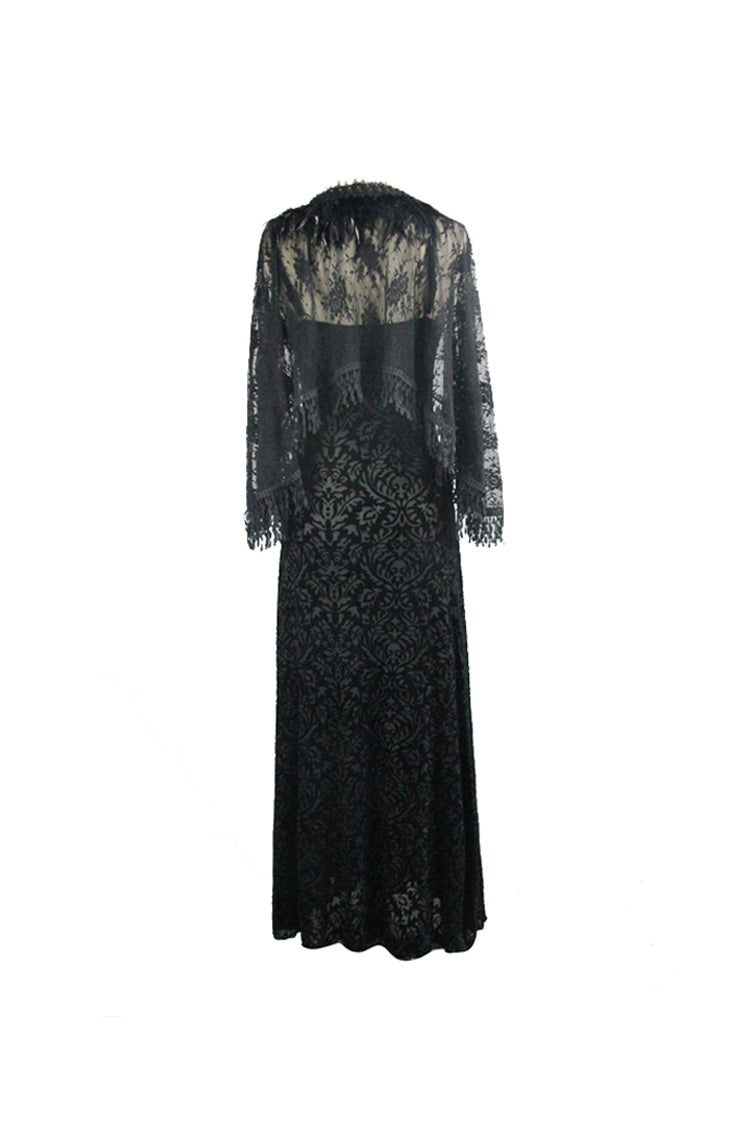 Black Lace Shawl Dark Pattern Velvet Women's Gothic Slip Dress - Product - 9