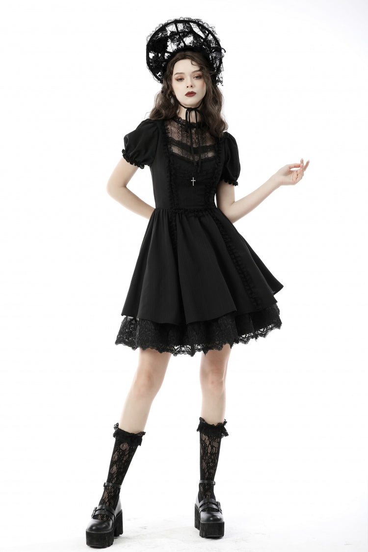 Black Tulle Lace Stand Collar Short Puff Sleeves Women's Lolita Gothic Doll Dress - Product - 6