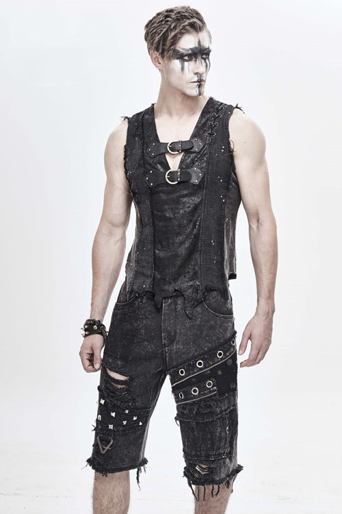 Black Decadence Punk Rock Nailed Ragged Shorts Mens Pants - Product - 6