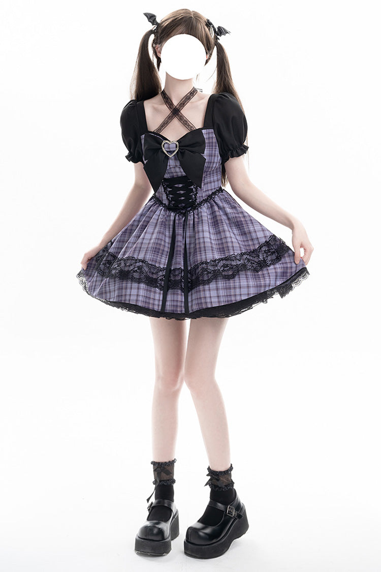 Purple [Witch Time] Short Puff Sleeves Plaid Print Bowknot Lace Sweet Lolita Dress - Product - 7