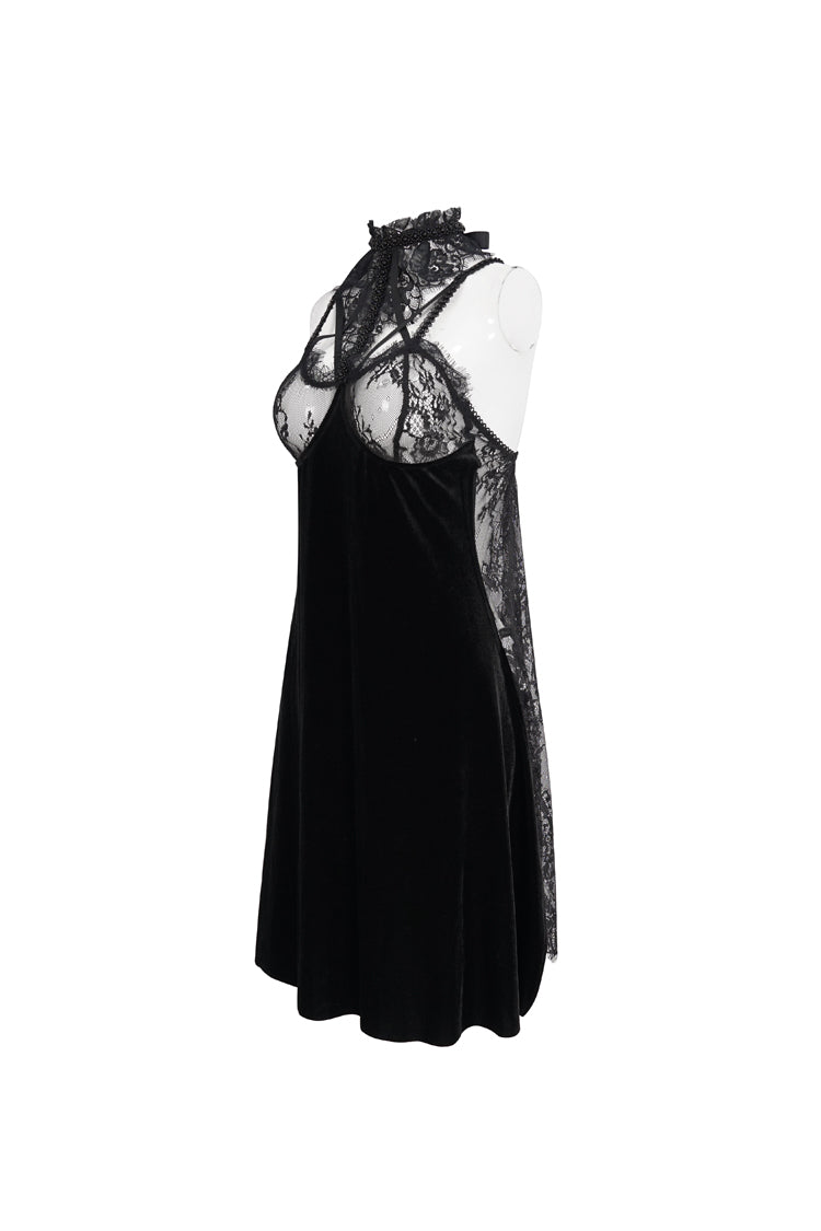 Black Turtleneck Perspective Lace Slit Velvet Sexy Women's Gothic Dresses - Product - 7
