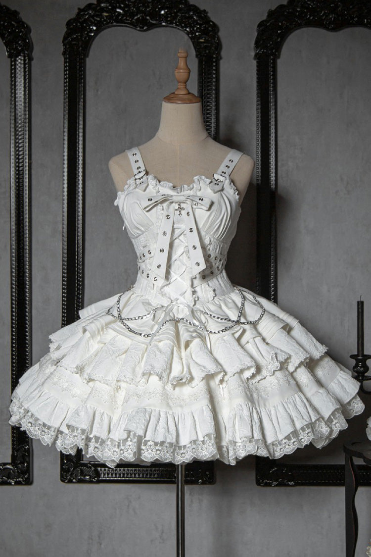 [Covenant Cross] Sleeveless Triple-Layered Ruffle Bowknot Lace-Up Gothic Lolita Jsk Dress 6 Colors - White - 2