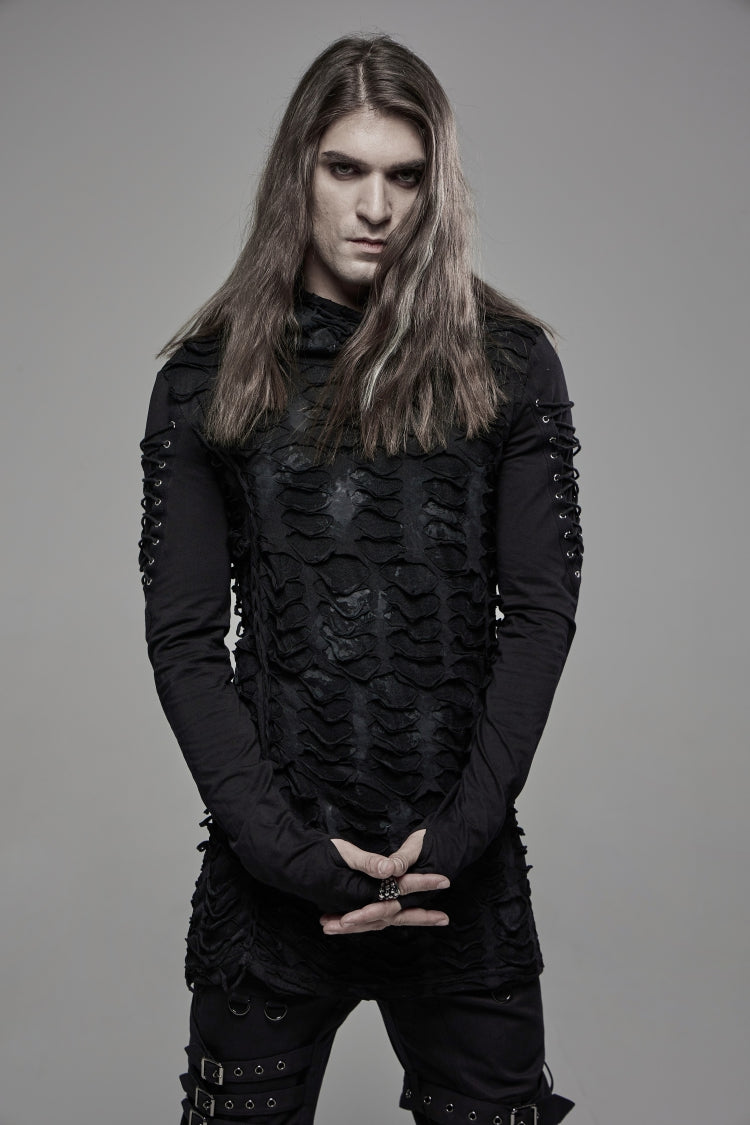 Black Long Sleeves Lace-Up Hooded Ripped Pleated Men's Gothic Cool T-Shirt - Product - 9