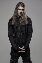 Black Long Sleeves Lace-Up Hooded Ripped Pleated Men's Gothic Cool T-Shirt - Product - 9