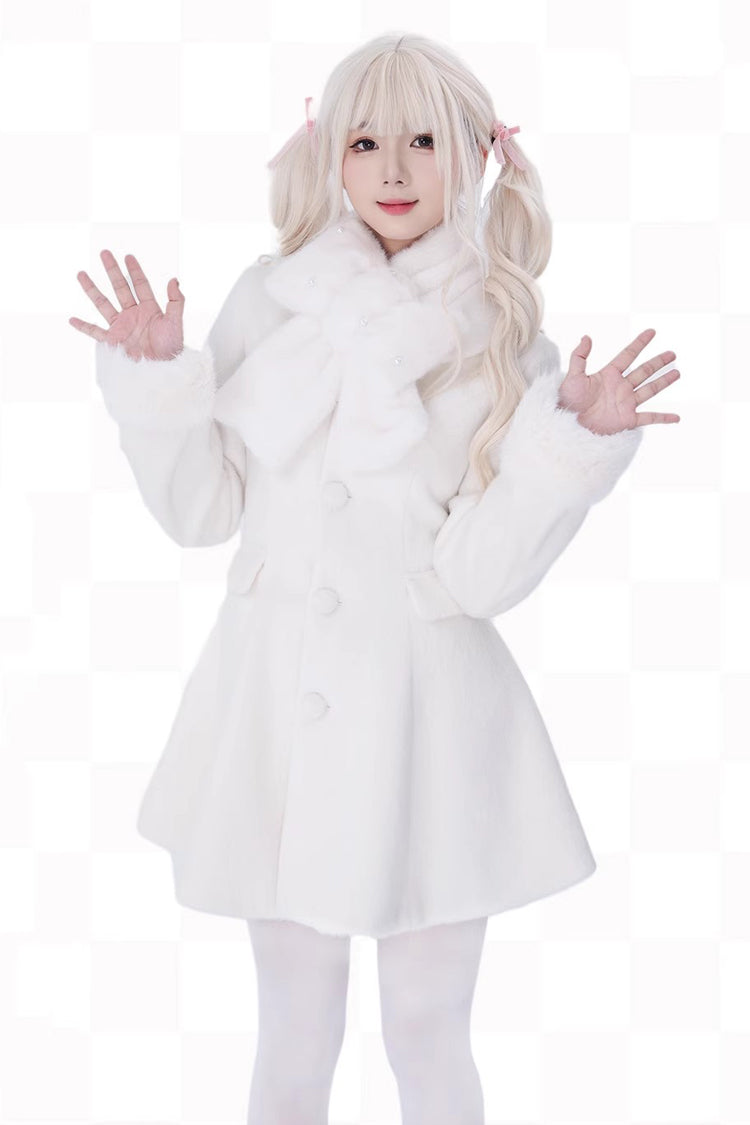 [First Love] Long Sleeves Faux Fox Fur Autumn Winter Wool Sweet Lolita Coat - White - 5