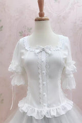 White Square Collar Short Hime Sleeves Lace Sweet Lolita Blouse - Product - 3