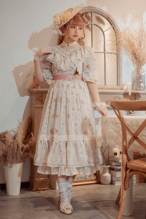 Elegant Vintage Rose Flowers Print Multi-Layer Embroidery Ruffled Sweet Lolita OP Dress - Product - 4