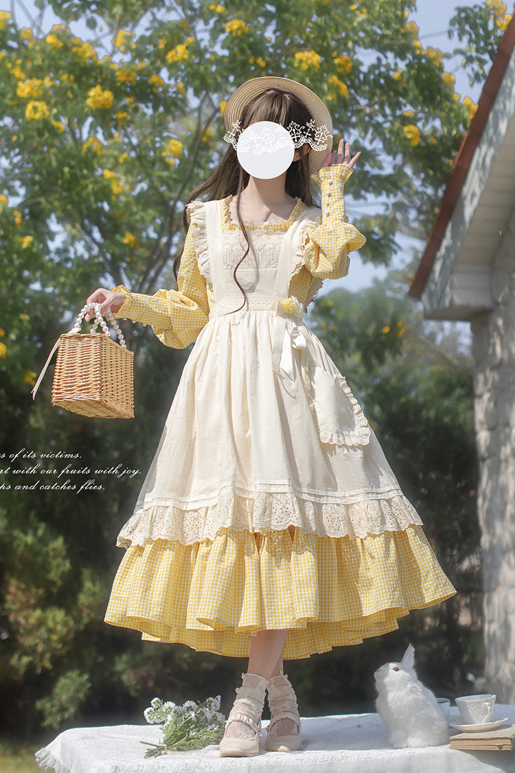 Yellow Long Sleeves Print Ruffle Lace-Up Sweet Elegant Lolita Dress - Product - 10