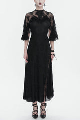 Black Stretch Printed Knit Panel Lace High Slit Asymmetric Women's Gothic Dress - Black - 1