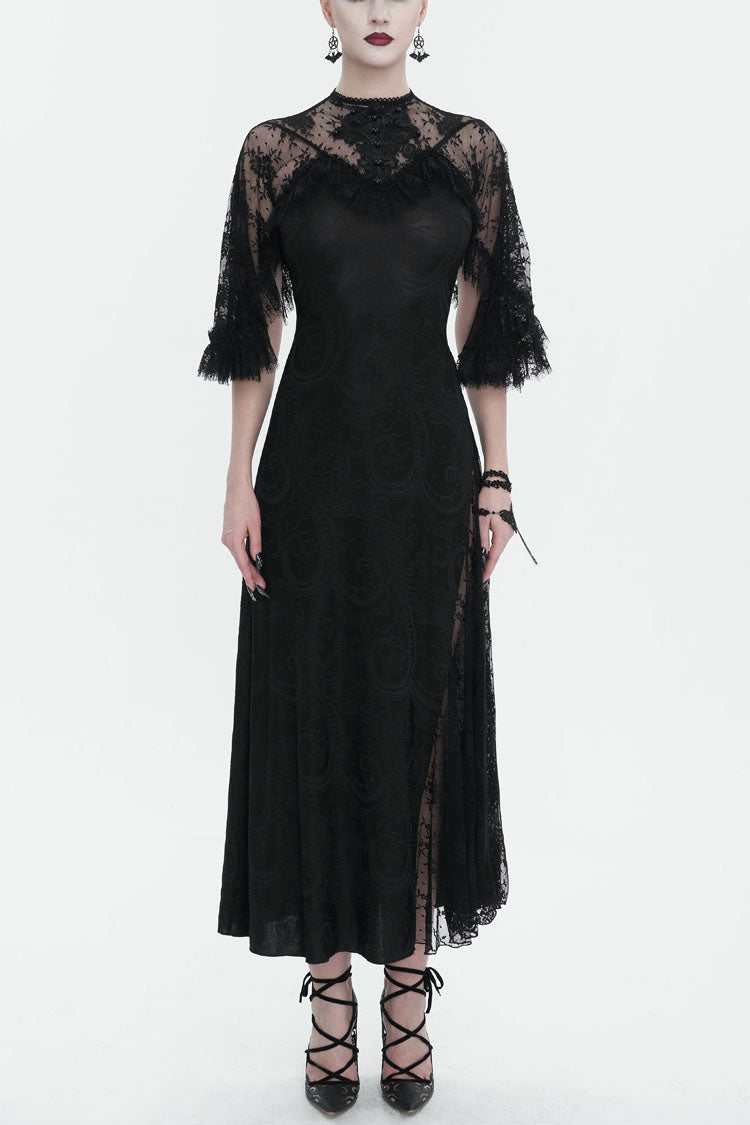 Black Stretch Printed Knit Panel Lace High Slit Asymmetric Women's Gothic Dress - Black - 1