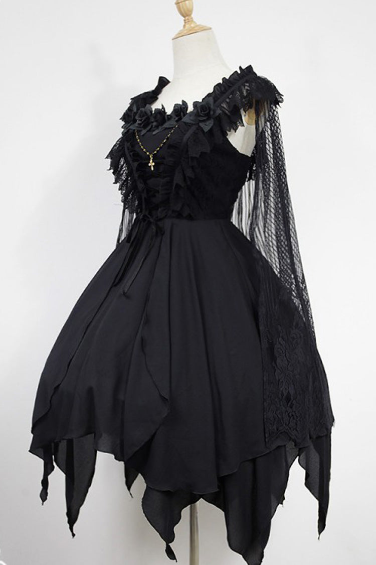 [Ballet of the Dead] Double-Layered Embroidery Lace-Up Gothic Lolita Jsk Dress (Cape Included) - Product - 2