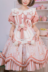 Light Pink Cat Print Square Collar Bowknot Ruffled Short Sleeves Sweet Lolita OP Dress - Pink - 1