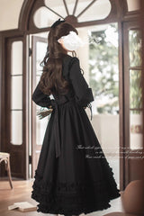 Black [Wind Kissed Tulips] Long Sleeves Ruffle Embroidery Bowknot Gothic Vintage Elegant Lolita Dress - Product - 8