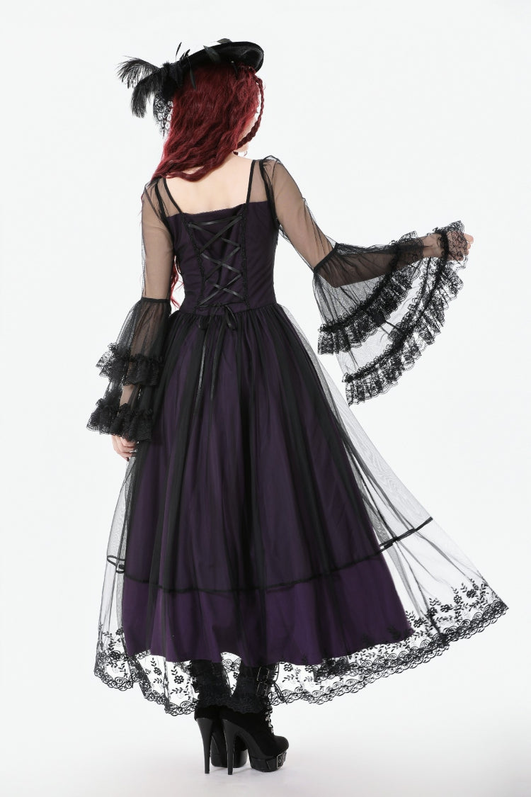 Purple Sheer Lace Square-Cut Collar Double-Layered Long Flared Sleeves  Lace-Up Women's Gothic Maxi Dress - Product - 4