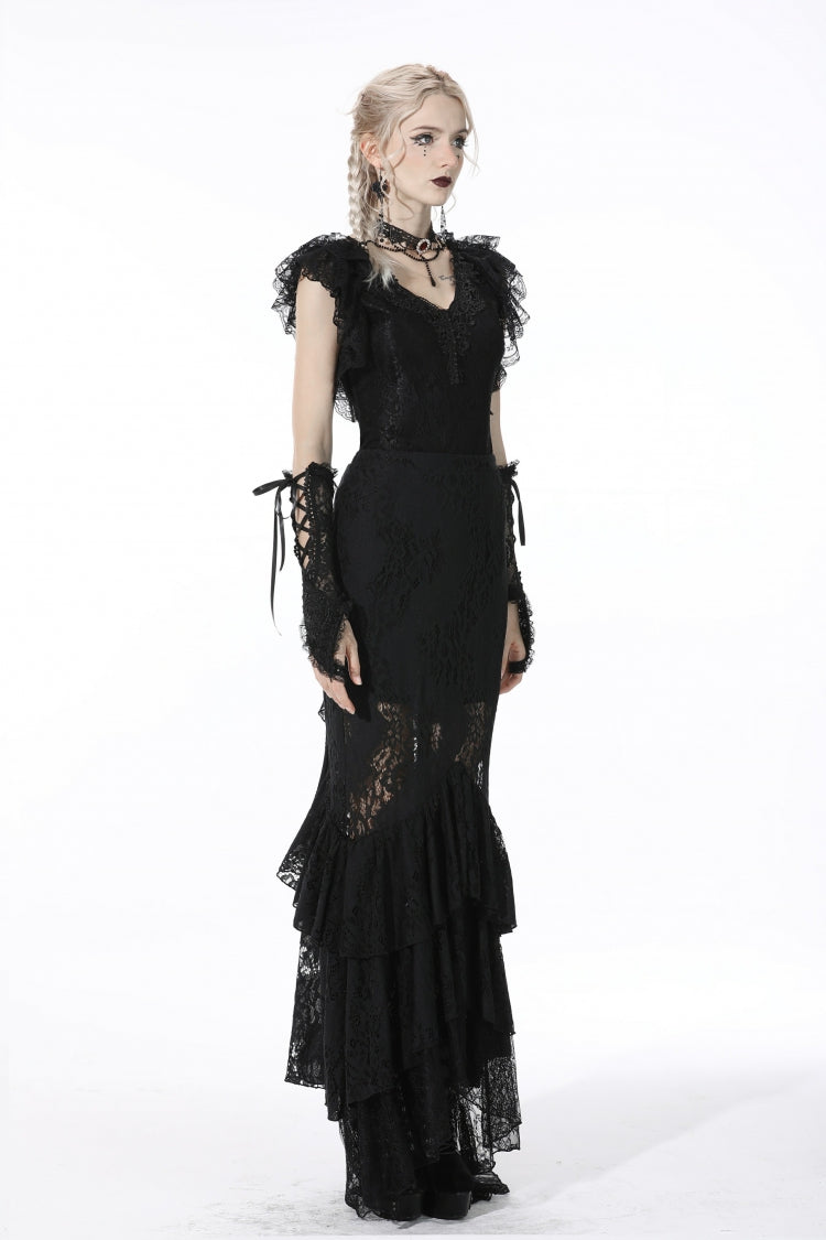 Black Plunging V Collar Short Sleeves Ruffled Lace Sexy Women's Gothic Crop Top - Product - 2