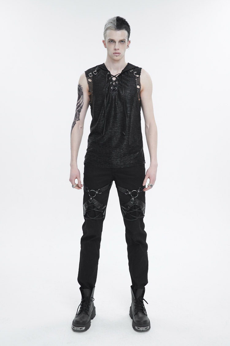 Black Strappy Mesh Splice Men's Punk Vest With Hood - Product - 5