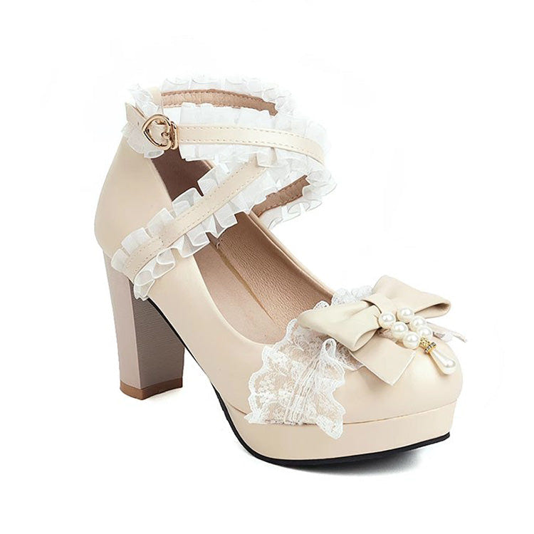 Sweet Lace Bowknot Princess Lolita Shoes 5 Colors - Apricot - 9