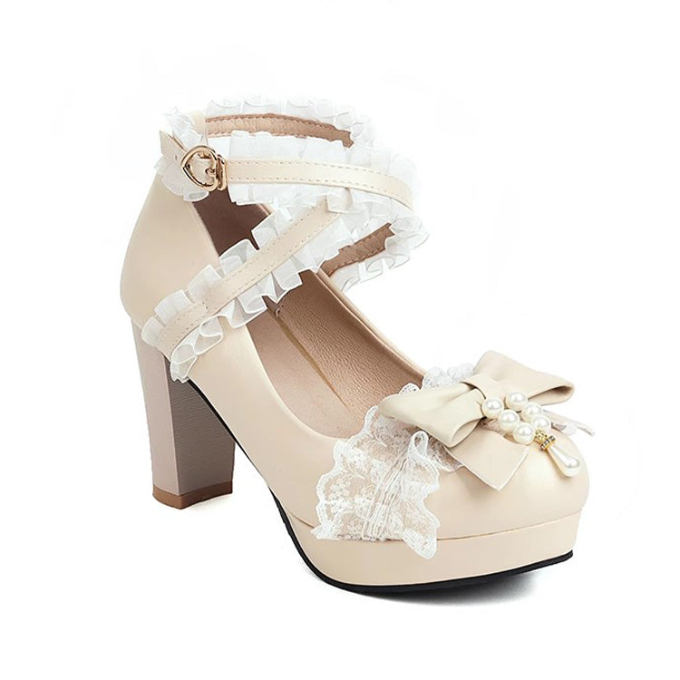 Sweet Lace Bowknot Princess Lolita Shoes 5 Colors - Apricot - 9