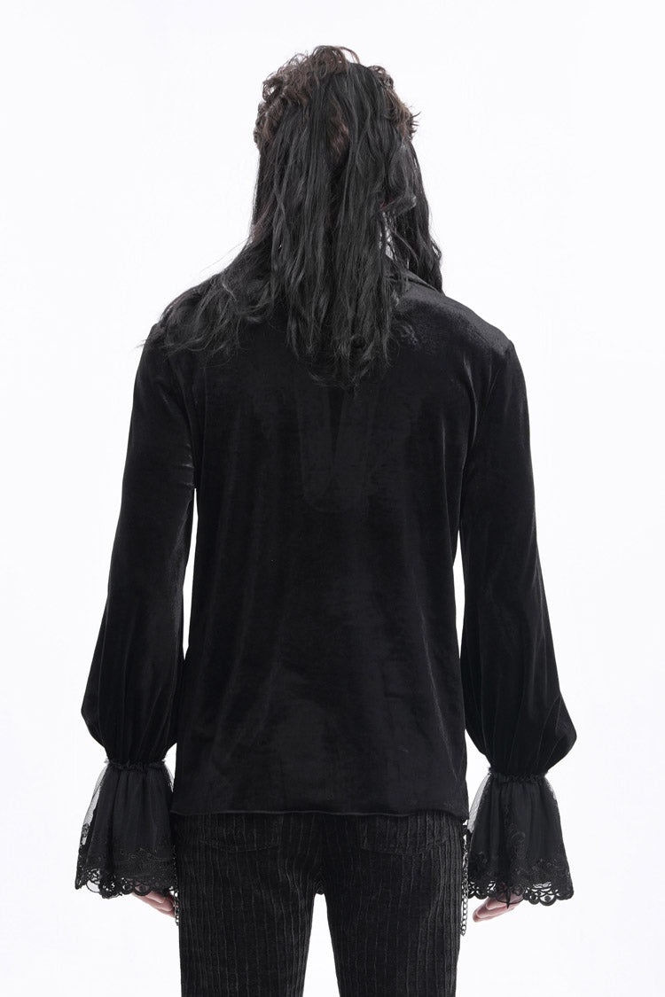 Black V Collar Long Sleeves Lace-Up Chain Men's Gothic Blouse - Product - 3
