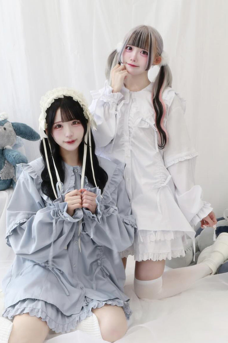 Doll Collar Long Sleeves Ruffle Bowknot Sweet Jirai Kei Japanese Blouse 3 Colors - Product - 4