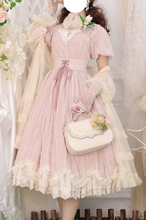 Pink Elegant Vintage Square Collar Short Sleeves Multi-Layer Ruffled Classic Lolita OP Dress - Pink - 1
