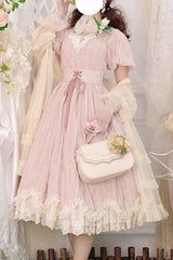Pink Elegant Vintage Square Collar Short Sleeves Multi-Layer Ruffled Classic Lolita OP Dress - Pink - 1