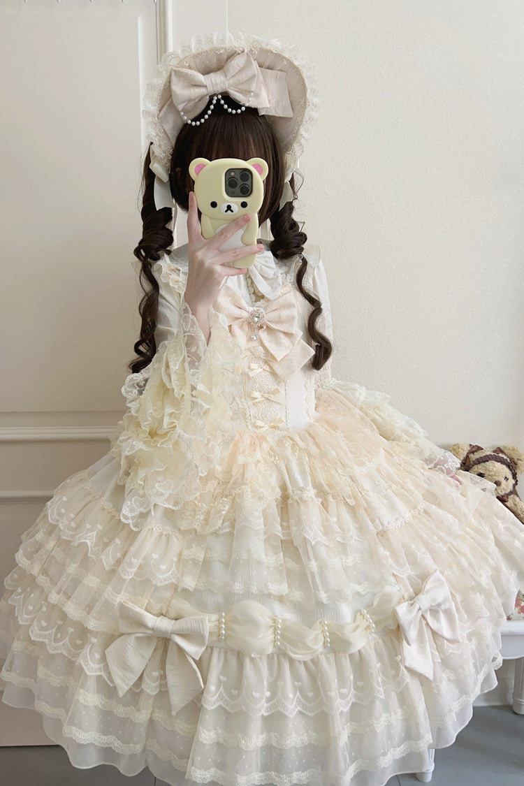 Beige [Dream Prologue] Doll Multi-Layered Bowknot Lace Sweet Princess Lolita Dress - Product - 5