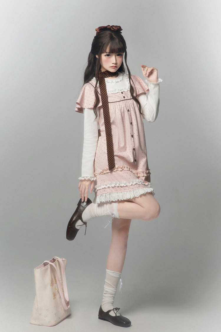 Pink [Polka Dot Bouclé] Round Collar Long Sleeves Printed Ruffled Faux Two-Piece Sweet Japanese Lolita Dress - Product - 9