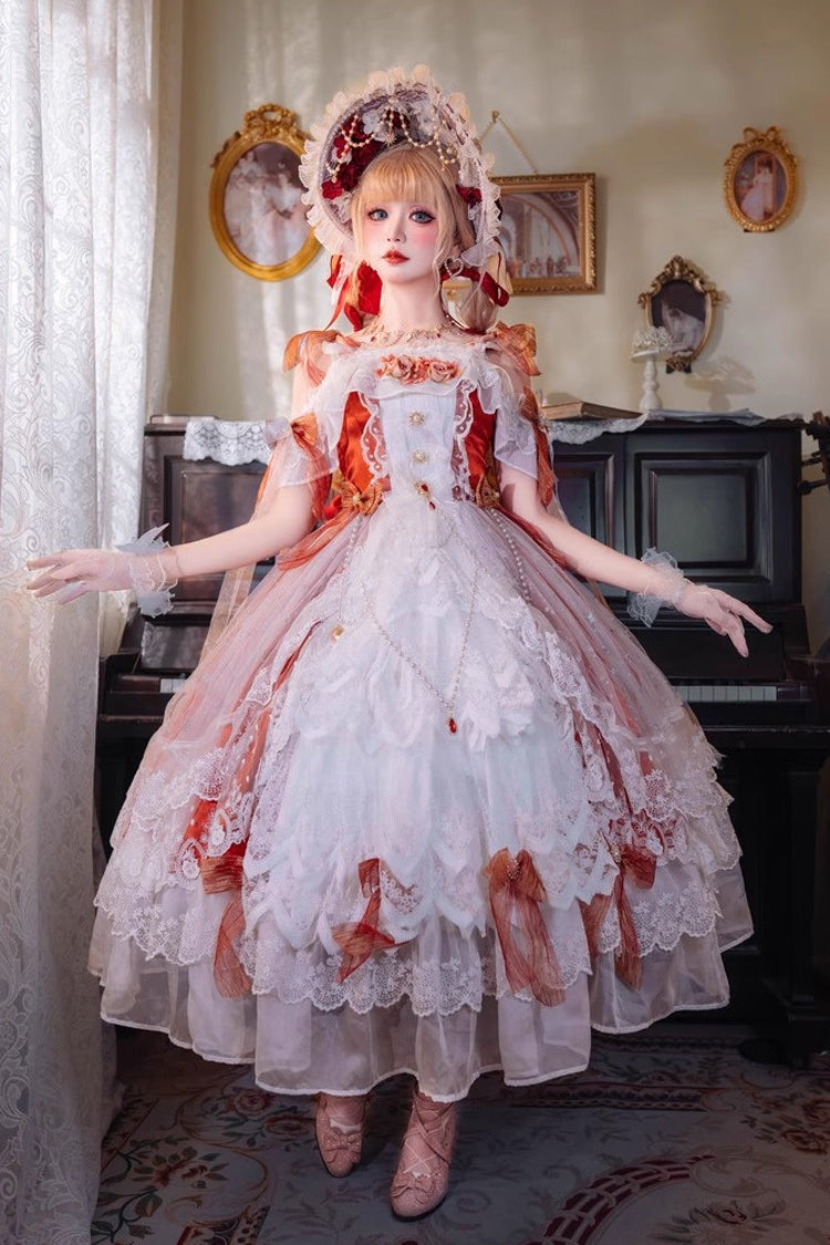 Red [Glazed Phantom] Off Shoulder Ruffle Hanayome Bowknot Lace Sweet Elegant Lolita Dress - Product - 3