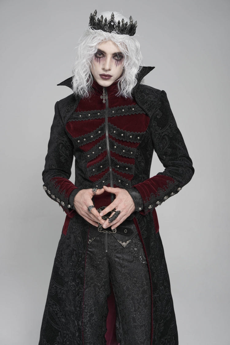 ブラック／レッド Diamante スタンドカラー 長袖プリント ジッパー付き メンズ ゴシック ロングコート 商品画像