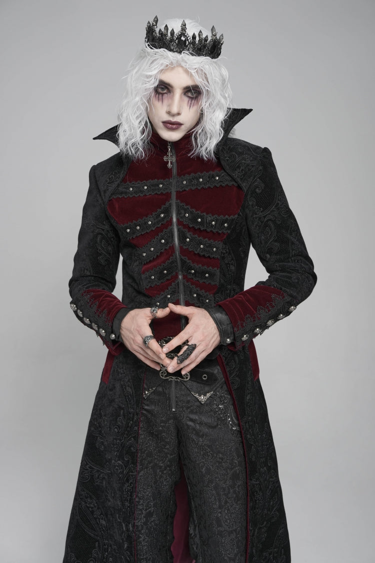 ブラック／レッド Diamante スタンドカラー 長袖プリント ジッパー付き メンズ ゴシック ロングコート 商品画像
