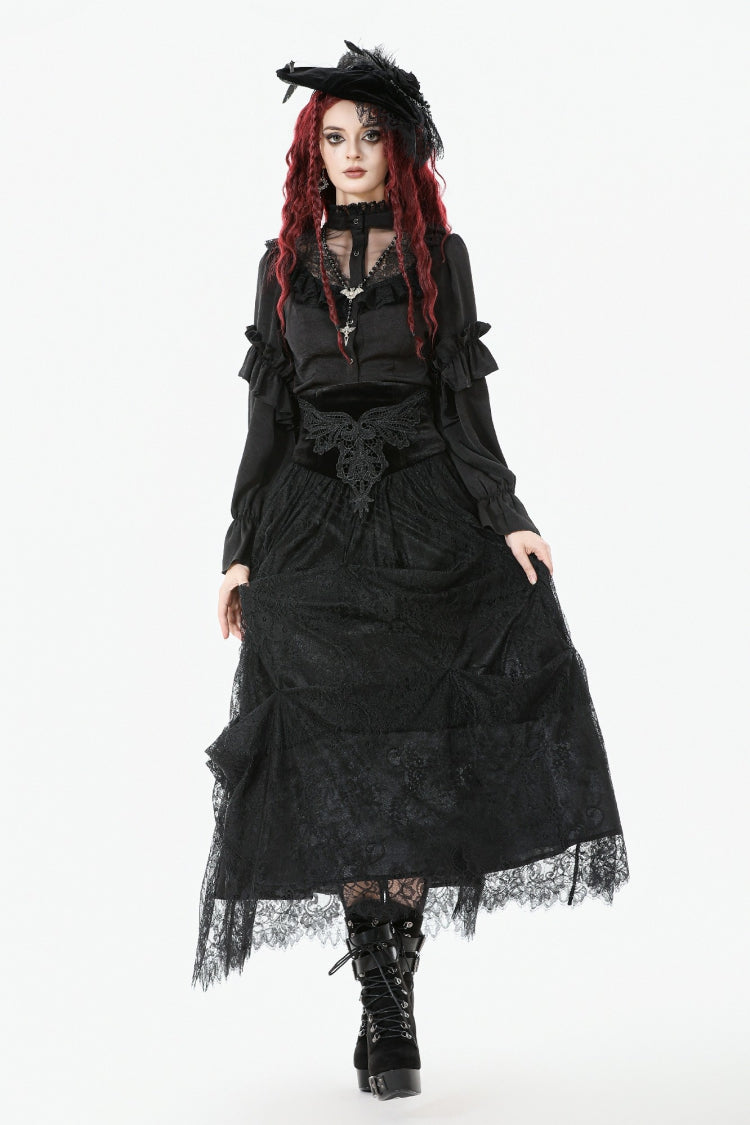 Black Sheer Stand Collar Ruffled Long Lantern Sleeves Women's Gothic Blouse - Product - 8