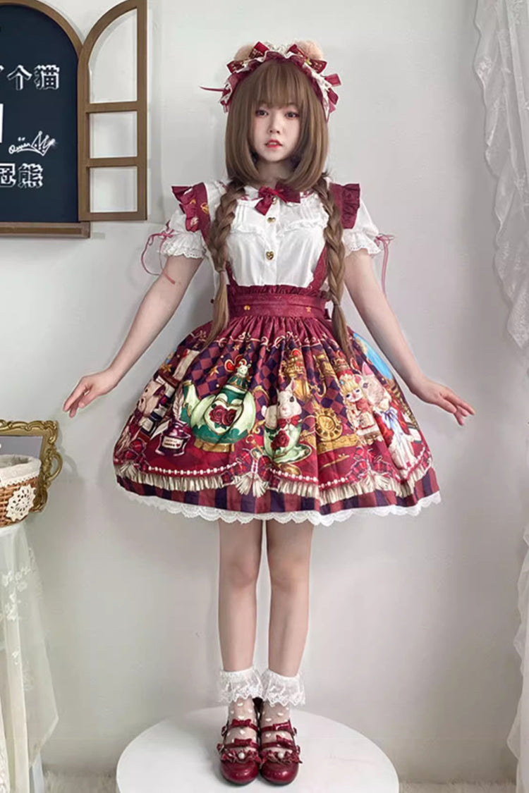 Red [Rabbit and Bear Feast] Print Ruffle Bowknot Sweet Lolita Skirt - Product - 5