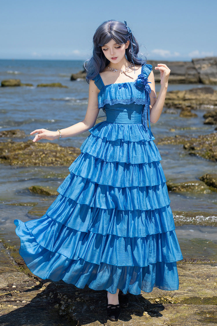 [Bubble Rain] Flutter Sleeves Multi-Layered Ruffled Sweet Lolita Jsk Dress 2 Colors (Yellow, Blue) - Product - 21