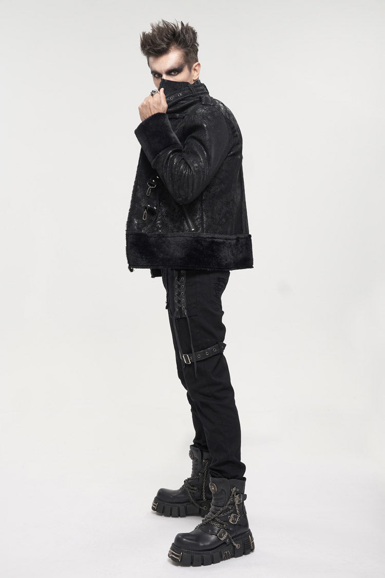 Black Five Pointed Star Decoration Retro Suede Short Plush Men's Punk Coat - Product - 4