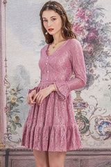 Pink Lace V Collar Pleated Trumpet Sleeves High Waisted Sweet Lolita OP Dress - Product - 3