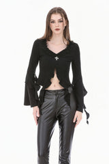 Black Cross Ruffled V Collar Irregular Split Long Trumpet Sleeves Women's Gothic Crop Top with Streamer - Black - 1