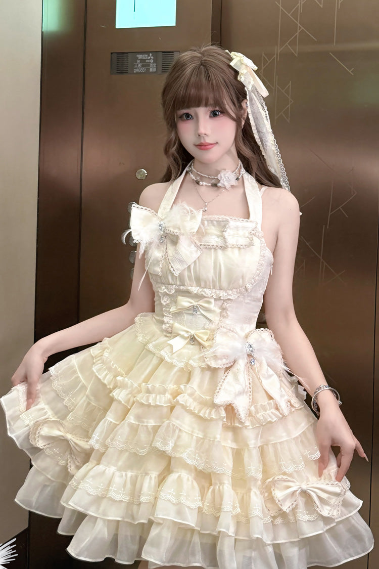 アプリコット [Swan Overture] ホルターネック ノースリーブ ティアード フリル リボン レース スウィートロリータワンピース 商品画像