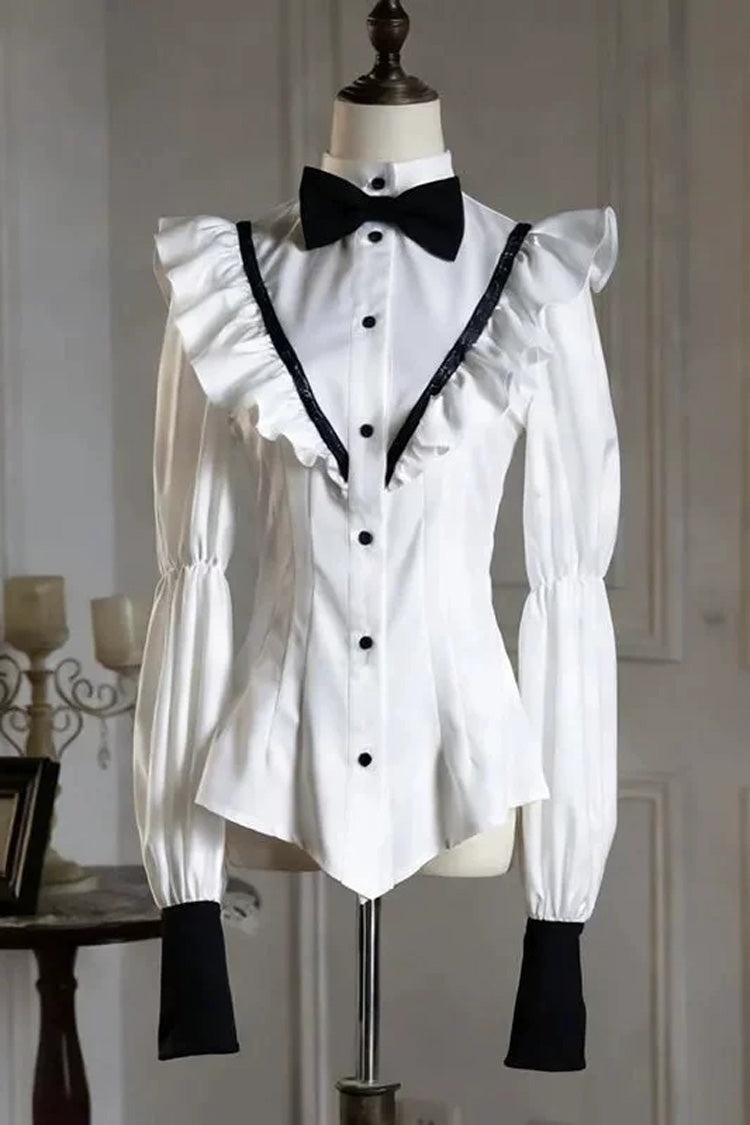 Black/White Stand Collar Long Sleeves Bowknot Gothic Prince Ouji Lolita Blouse Shorts Swallowtail Vest Set - Blouse(Only) - 11