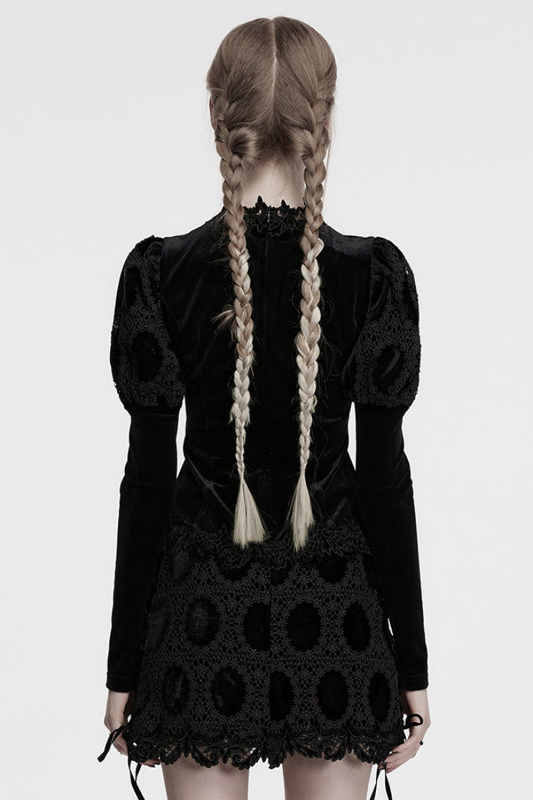 Black Long Puff Sleeves Print Embroidery Women's Gothic Blouse - Product - 3