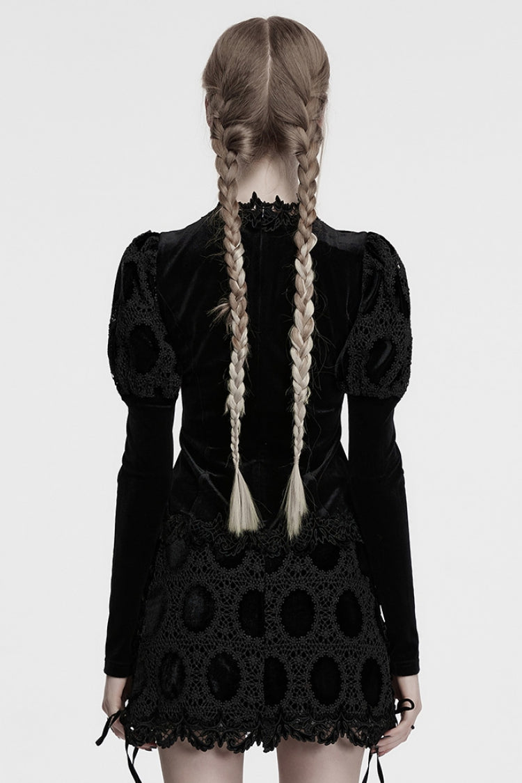 Black Long Puff Sleeves Print Embroidery Women's Gothic Blouse - Product - 3