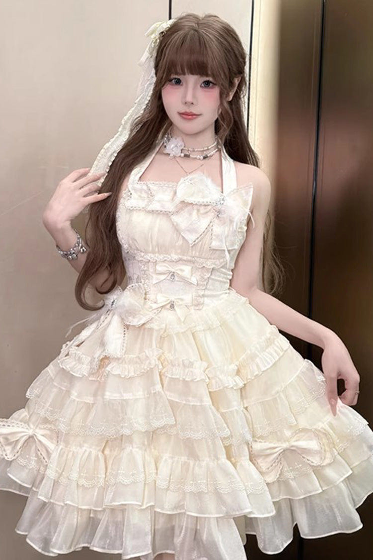 アプリコット [Swan Overture] ホルターネック ノースリーブ ティアード フリル リボン レース スウィートロリータワンピース 商品画像