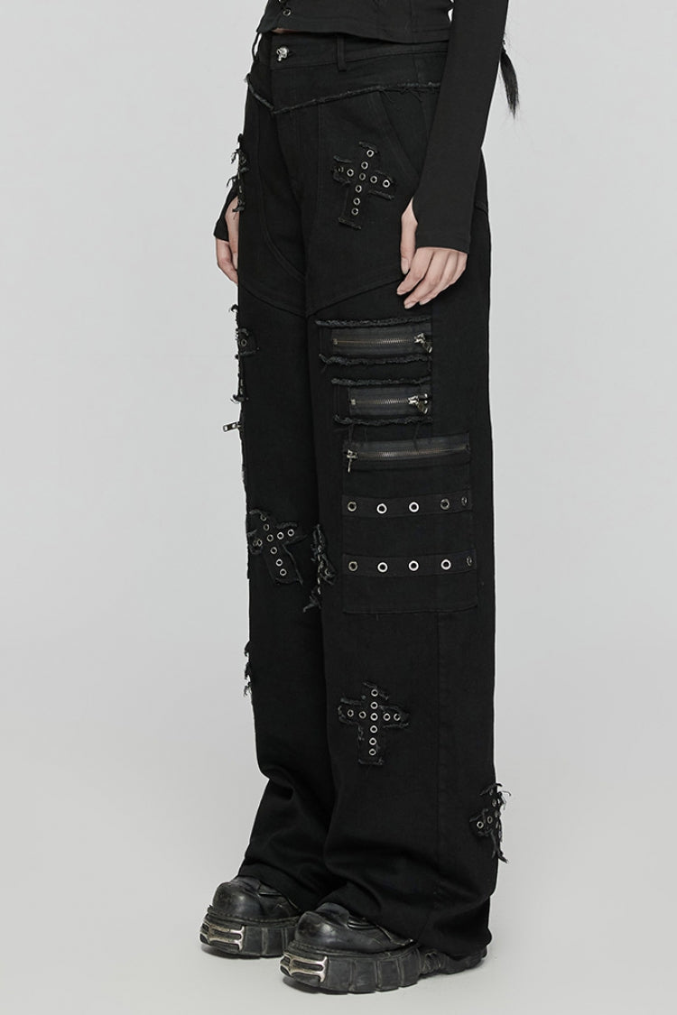 Black Women's Punk Cross Patch Big-pocket Denim Pants - Product - 2