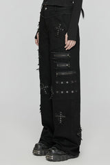 Black Women's Punk Cross Patch Big-pocket Denim Pants - Product - 2