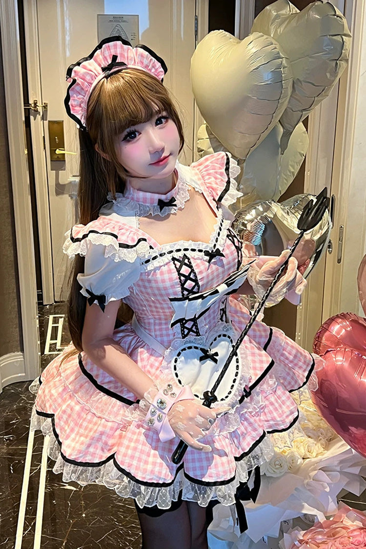 Pink [Girlish Plaid] Square Collar Short Sleeves Double-Layered Printed Ruffled Bow Lace Maid Sweet Lolita Dress - Product - 6