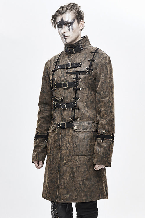 Brown Steampunk Patch Mens Long Leather Coat - Product - 3