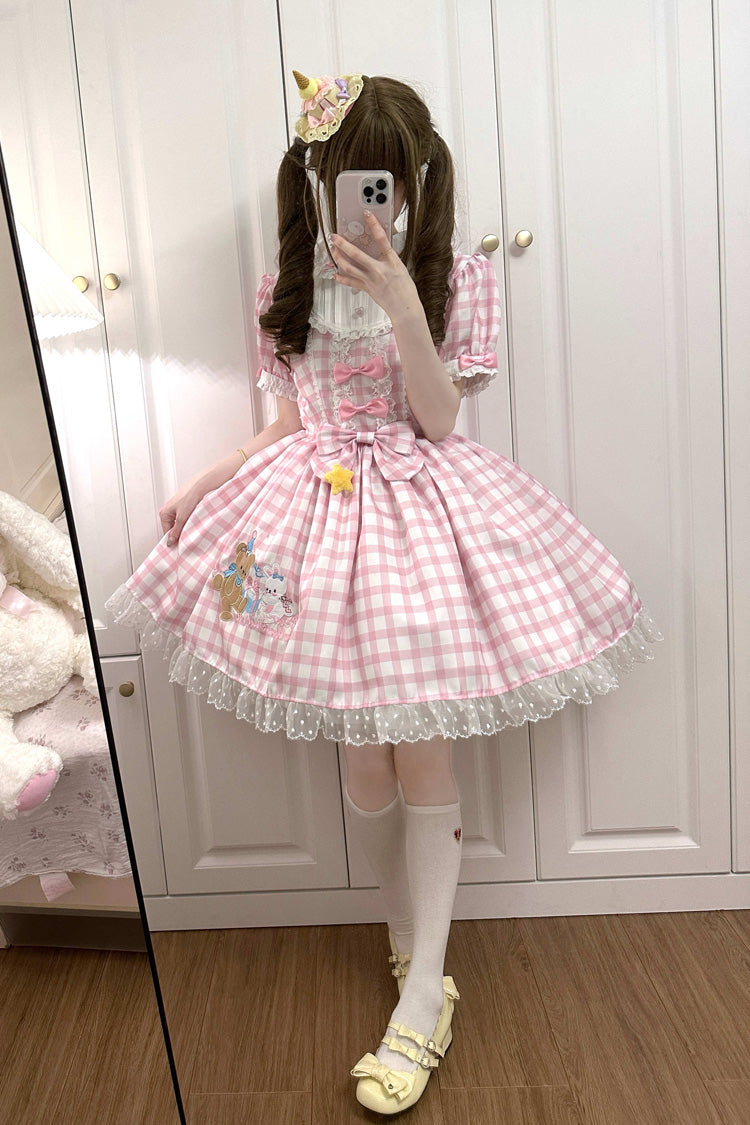 Pink Rabbit & Bear Plaid Print Short Sleeves Ruffle Embroidery Bowknot Lace Sweet Lolita Dress - Product - 3